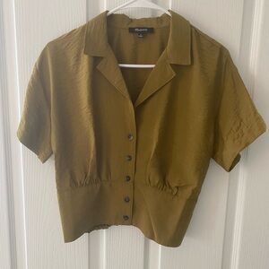 Madewell Olive Cropped Button-Front Short Sleeve Blouse
